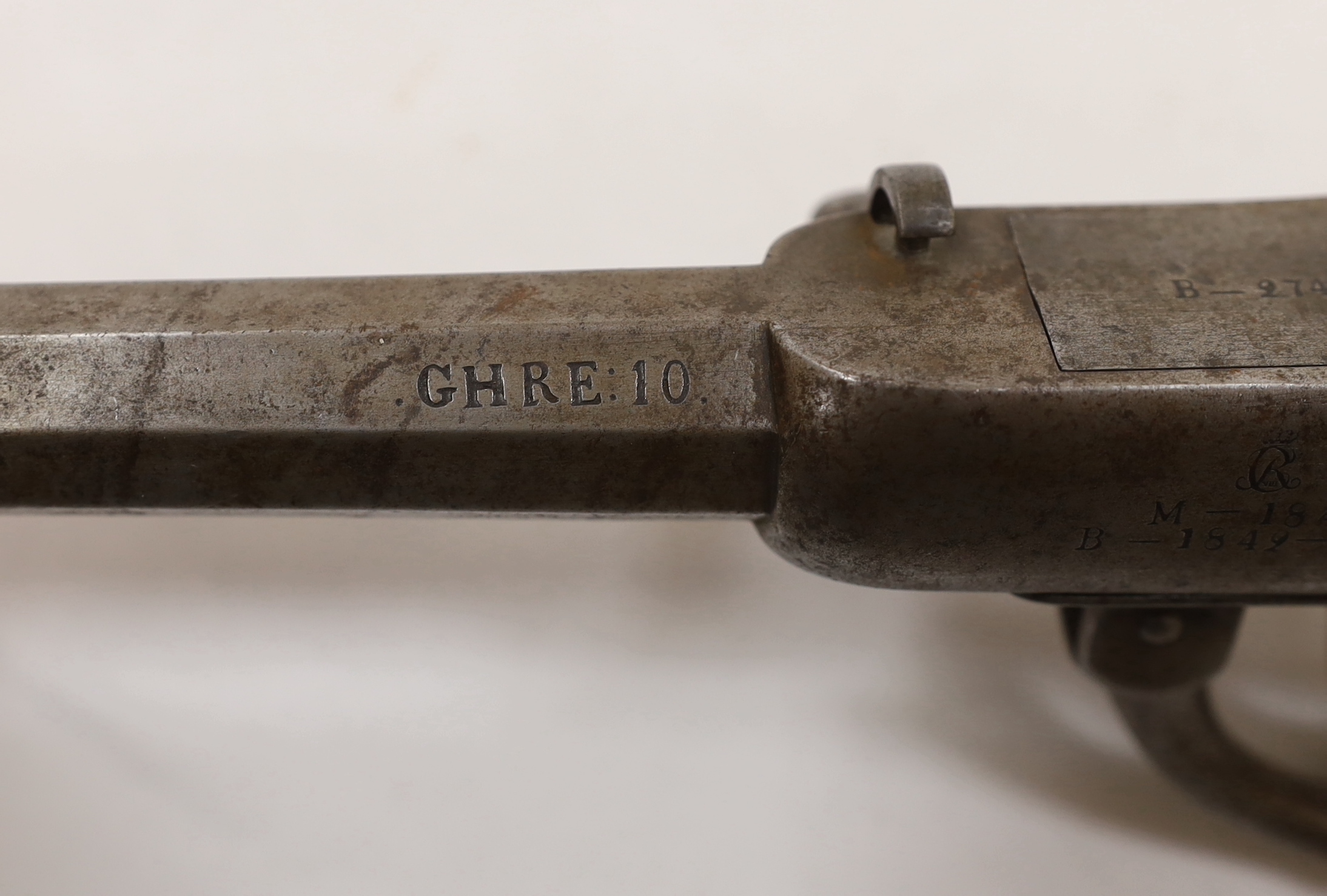 A Regulation Danish breech-loading, under hammer percussion military pistol, octagonal twist barrel, breach stamped B–274 barrel stamped GHRE:10 and cipher of Christian VIII of Denmark and stamped for model M-1841 and B-
